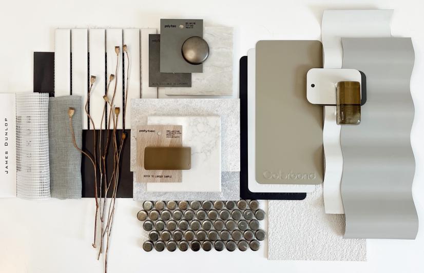 Eloise Meaney, Junior Interior Architect at Scott Salisbury Homes, SA Flatlay palette that features COLORBOND® steel in Cove®, Surfmist®, Monument® and Dune®.  Photographer:  Anna Kelly