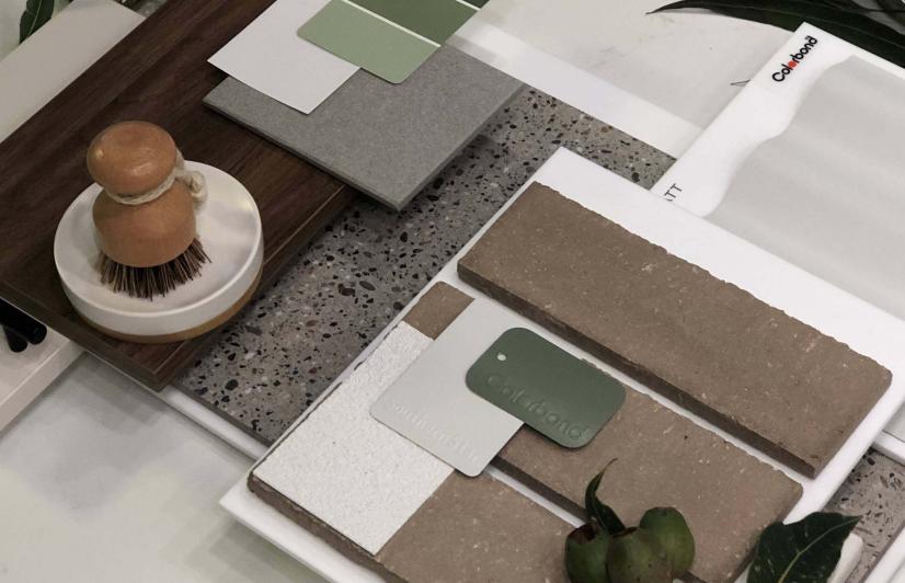  Tracey Ripper, Interior Designer at Metricon Homes, VIC  'Pure Australiana Native' flatlay featuring  COLORBOND® steel Matt in the colour Surfmist® and COLORBOND® steel in the colour Pale Eucalypt®