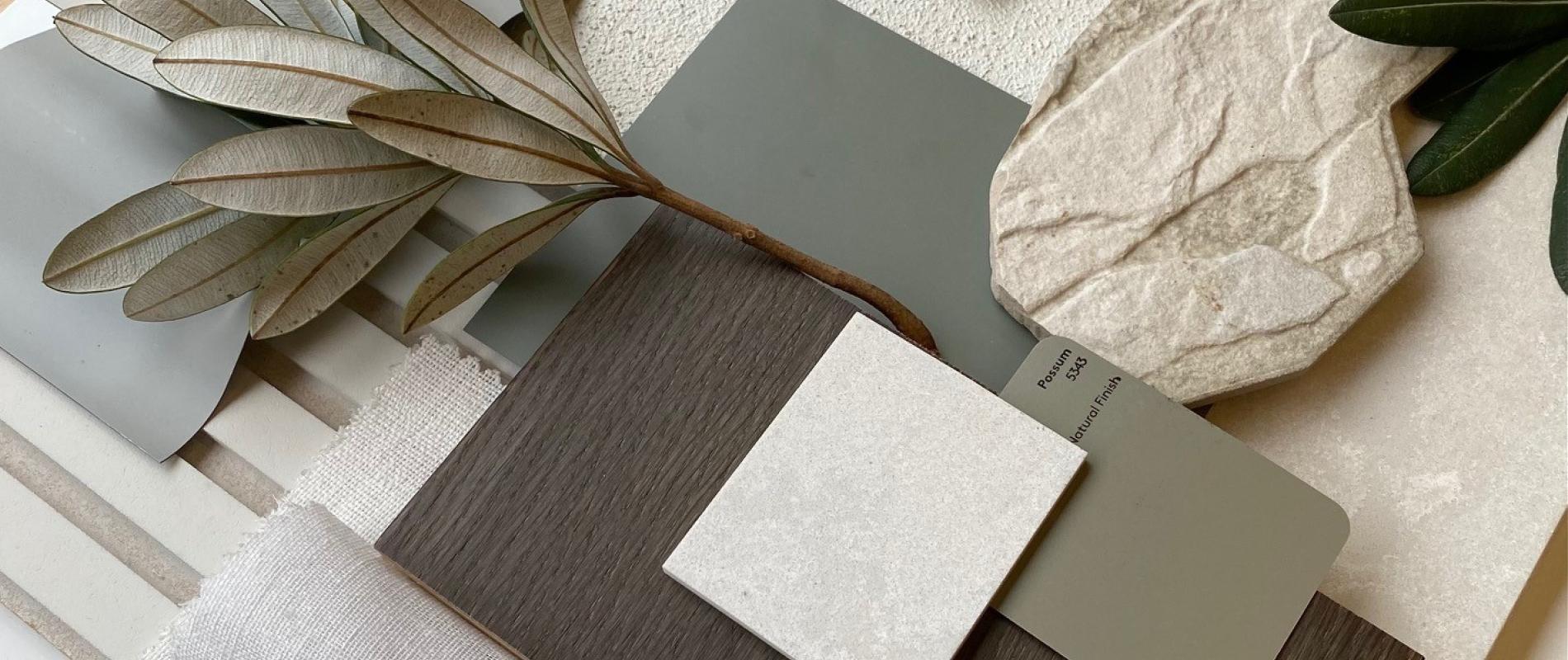 Flatlay incorporating COLORBOND® steel colours. This homage to the Gold Coast’s beach shacks of the 50’s has colours and textures inspired by the area’s native Banksia trees. ’Image by Hannah Rolfe.