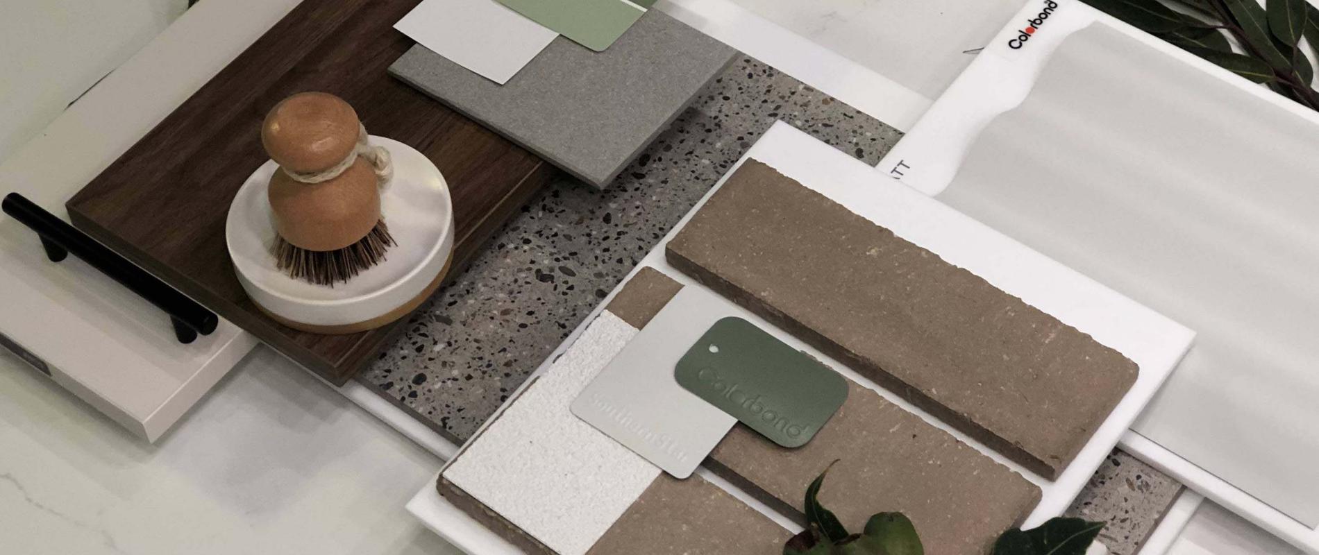  Tracey Ripper, Interior Designer at Metricon Homes, VIC  'Pure Australiana Native' flatlay featuring  COLORBOND® steel Matt in the colour Surfmist® and COLORBOND® steel in the colour Pale Eucalypt®