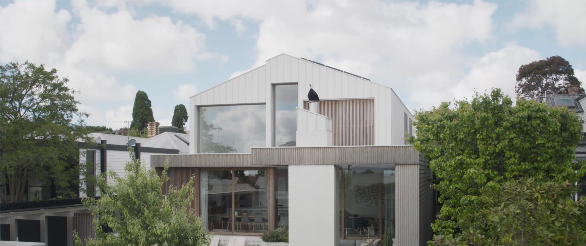 BBW House, Geelong  clad in COLORBOND® steel Surfmist® in a Classic finish. Rollformer/Fabricator:  Steeline JH Stephenson Aussie Roof Co Pty. Built by Wilson. Installer: Clint Humphrey (CH Roofing). Architect: Tecture