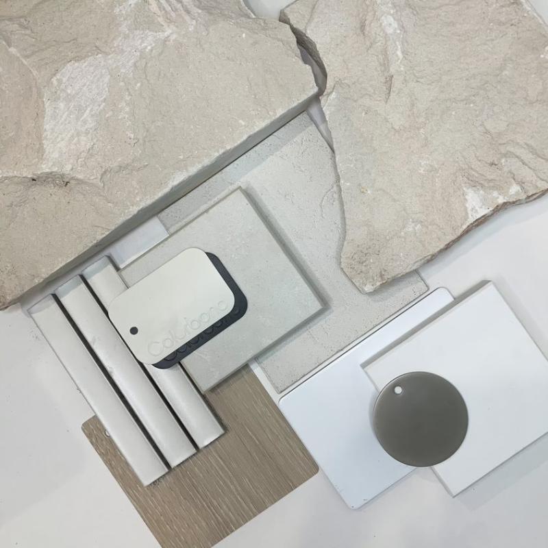 Eloise Meaney, Junior Interior Architect at Scott Salisbury Homes, SA Flatlay palette that features COLORBOND® steel in Cove®, Surfmist®, Monument® and Dune®.  Photographer:  Anna Kelly