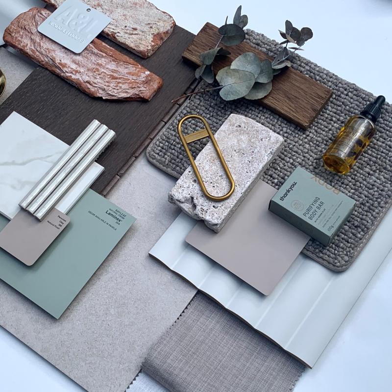 Bridie Spillane, Interior Design Consultant, Henley Homes, VIC,  FLATLAY featuring COLORBOND® steel Surfmist® Matt & Pale Eucalypt®.